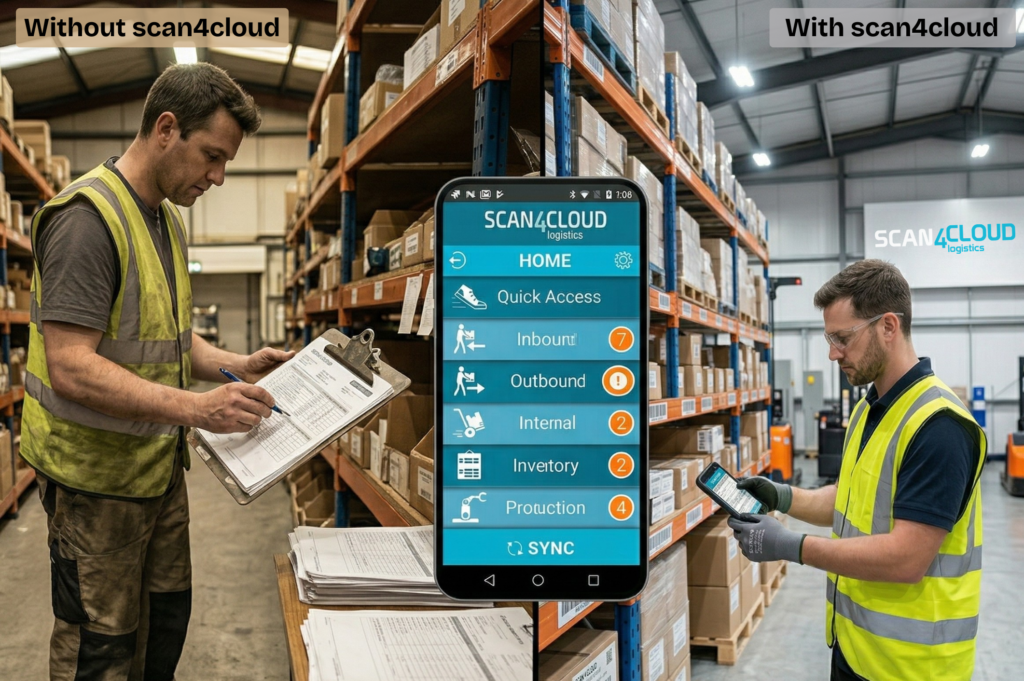 Scancloud A warehouse worker uses paper and a clipboard on the left labeled ...