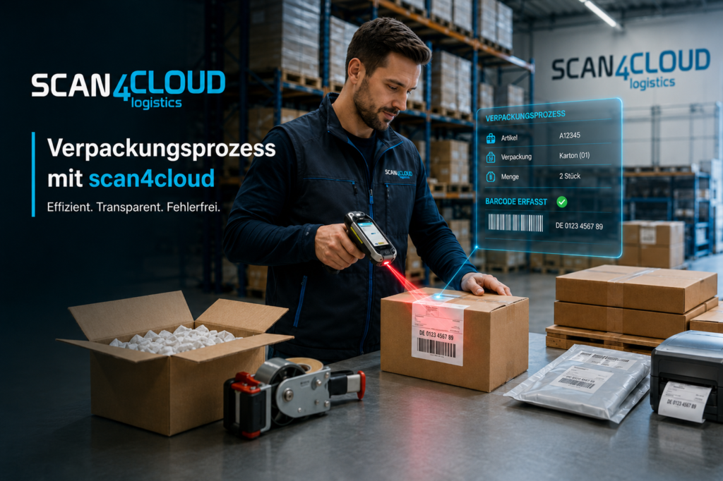 Ein Mitarbeiter scannt mit einem Handscanner einen Barcode auf einem Paket in einem Lager. Auf dem Bildschirm werden die Paketdaten angezeigt, und der Text „Verpackungsprozess mit scan4cloud“ ist im Bild zu sehen, was die Effizienz von scan4cloud Logistics bei der Optimierung der Lagerabläufe unterstreicht.