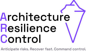 „Architecture Resilience Control“ mit dem Logo „ARC“ in Lila, das eine lila geometrische Form in Form eines Eisbergs zeigt, sowie dem Slogan „Risiken vorhersehen. Schnelle Wiederherstellung. Kontrolle sichern.“ auf hellem Hintergrund – Ihre Lösung für digitale Resilienz.