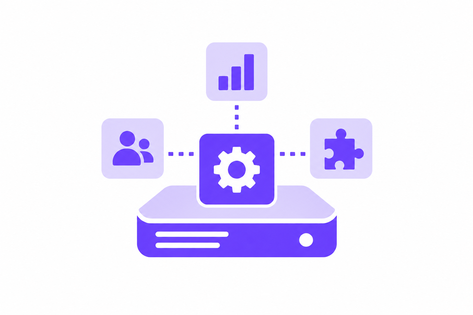 Ein Symbol in Form eines zentralen Zahnrads ist mit Symbolen von Menschen, einem Balkendiagramm und einem Puzzleteil verbunden und symbolisiert die Integration von Teamarbeit, Analysen und Lösungen rund um ein zentrales System bei Ready2GROW.