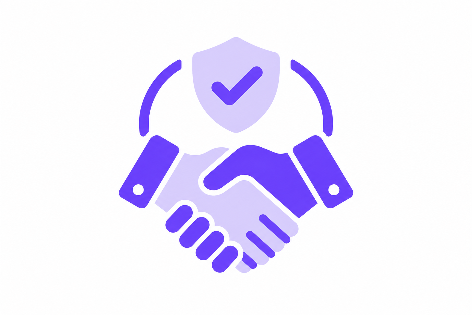 Zwei sich die Hände reichende Figuren, über denen ein Schild mit einem Häkchen zu sehen ist – ein Symbol für Vertrauen, Partnerschaft und Sicherheit, die zentralen Werte der Ready2GROW-Philosophie. Das Bild ist in Violetttönen auf weißem Hintergrund gehalten.