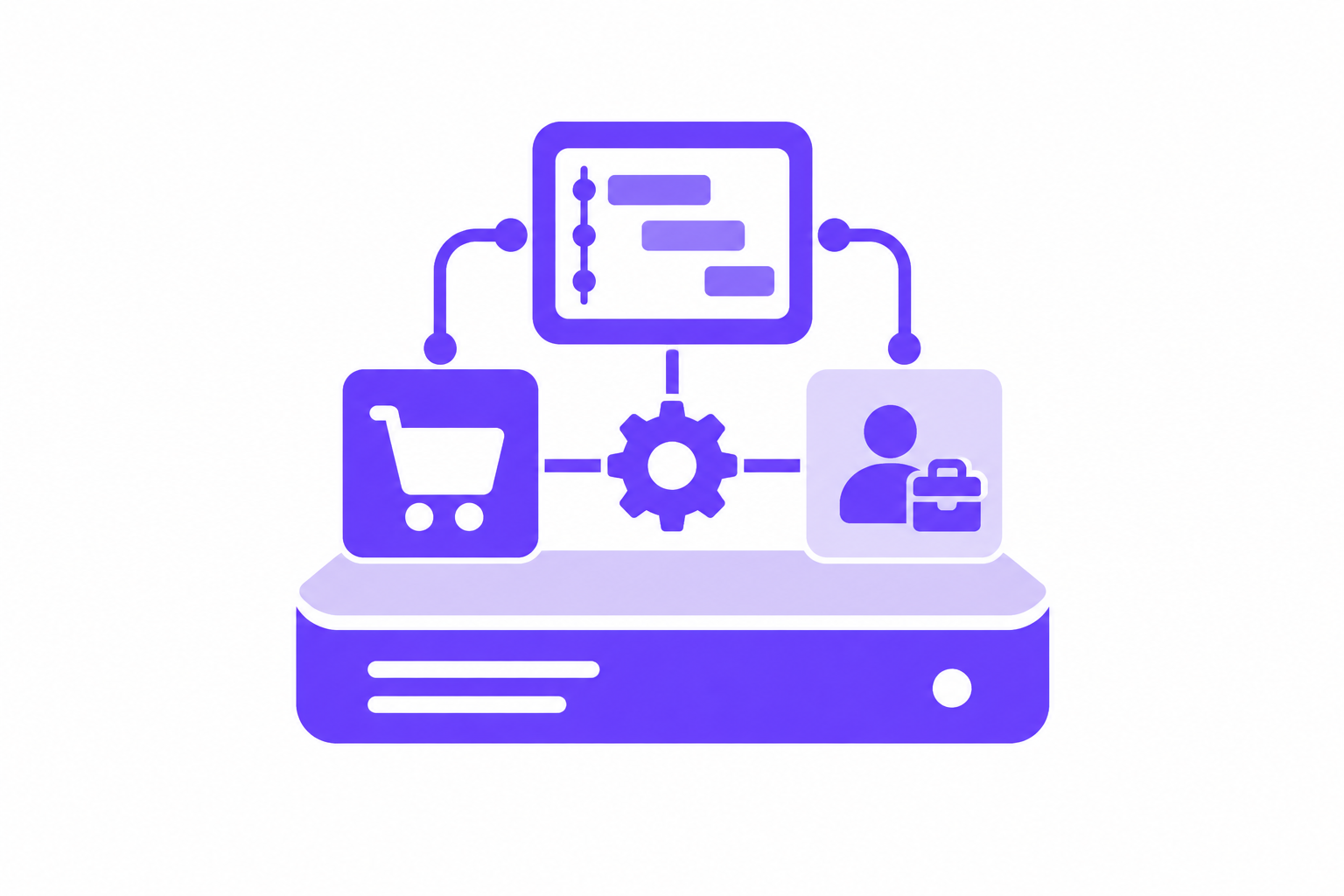 Eine violette Illustration zeigt Symbole eines Einkaufswagens, eines Nutzers mit Aktentasche und eines Zahnrads, das mit einer Datenbank verbunden ist – als Symbol für Geschäftsabläufe oder Systemintegration – ideal, um Ihre Ready2GROW-Lösungen zu präsentieren.