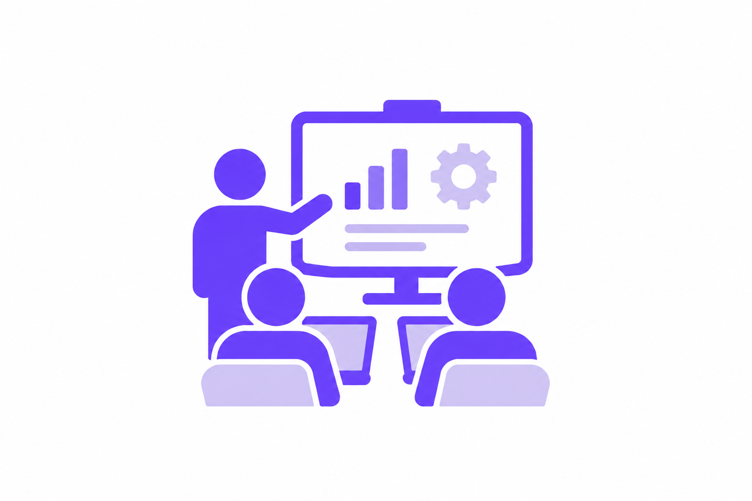 Illustration einer Person, die zwei sitzenden Personen eine Ready2GROW-Präsentation vorführt, wobei auf einem Bildschirm ein Balkendiagramm und ein Zahnrad-Symbol zu sehen sind.