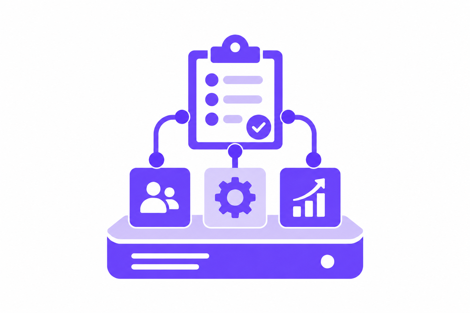 Eine violette Illustration zeigt eine Checkliste, die mit Symbolen für Menschen, einem Zahnrad und einer ansteigenden Kurve auf einer Plattform verbunden ist. Diese symbolisieren Organisation, Teamarbeit, Prozesse und Wachstum – allesamt wesentliche Elemente für diejenigen, die „Ready2GROW“ sind.