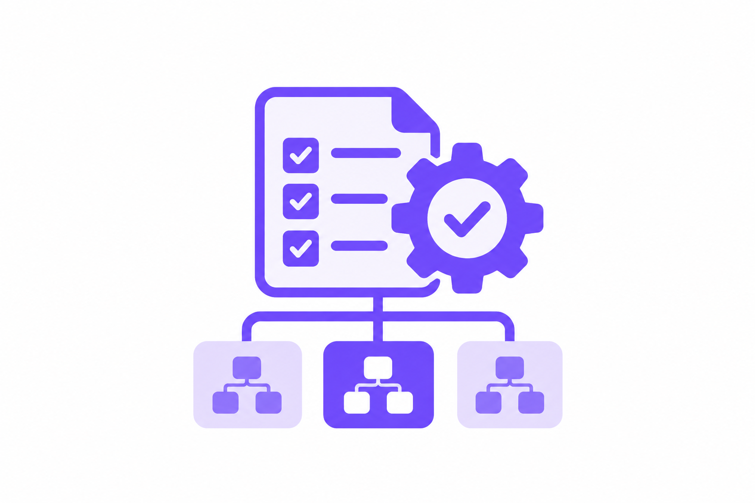 Ein Symbol, das ein Checklisten-Dokument zeigt, das mit drei Netzwerkdiagrammen verknüpft ist, sowie ein Zahnrad und ein Häkchen, die für Workflow-Automatisierung oder Prozessoptimierung stehen, verdeutlicht den Ready2GROW-Ansatz für optimiertes Wachstum und Effizienz.