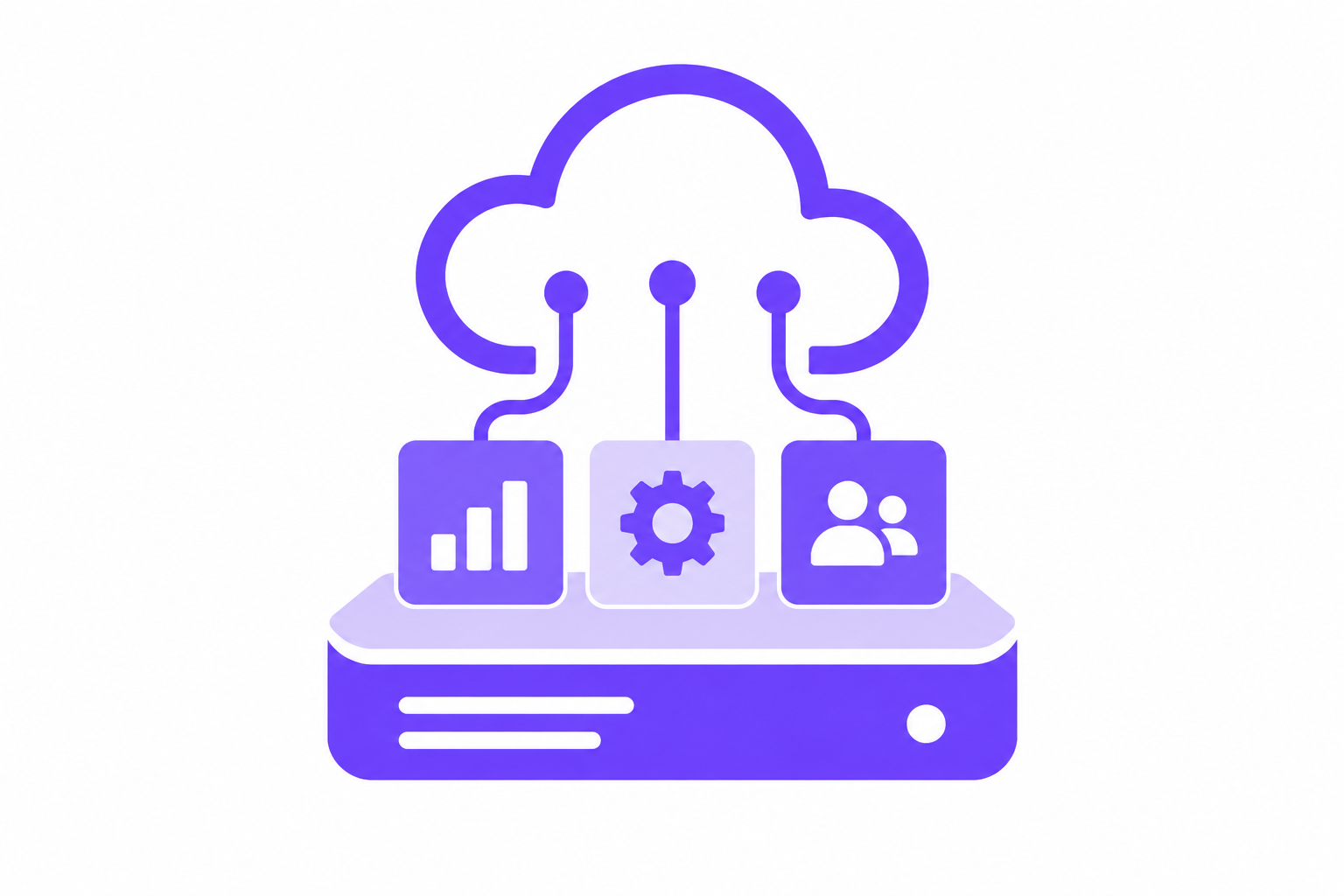 Abbildung einer mit einem Server verbundenen Wolke, unter der drei Symbole zu sehen sind: ein Balkendiagramm, ein Zahnrad und zwei Personen, die für das Cloud-Computing und das Datenmanagement von Ready2GROW stehen.